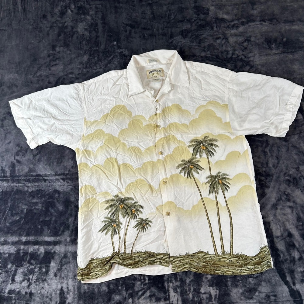 Bamboo Cay Button Down Shirt Mens XL White Palm Tree Tropical Rayon Hawaiian